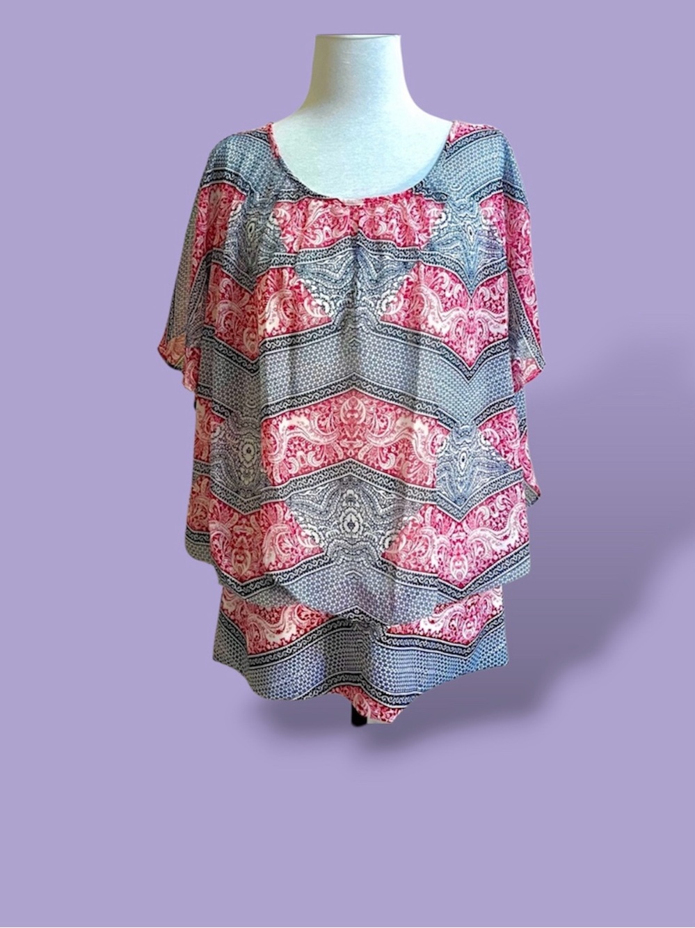 Style & Co Macy's Boho Flowy Abstract Paisley Blouse Red White Black Large